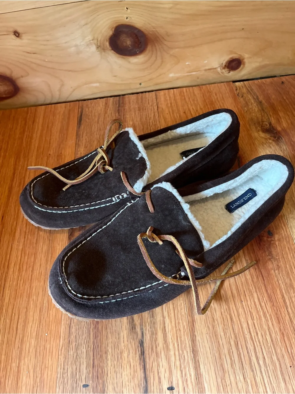Lands' End Dark Brown Suede Sherpa-Lined Moccasins